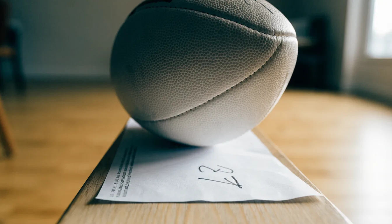 Uma bola de futebol pousada sobre um talão de apostas em branco numa mesa de madeira, à luz do dia