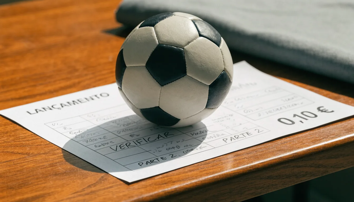 Uma bola de futebol pousada sobre um talão de apostas em branco numa mesa de madeira, à luz do dia