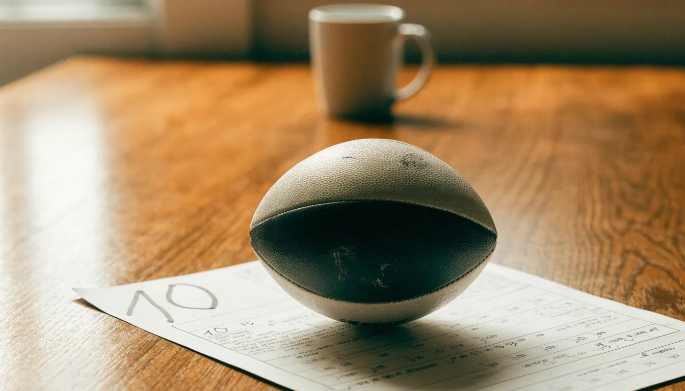 Uma bola de futebol pousada sobre um talão de apostas em branco numa mesa de madeira, à luz do dia