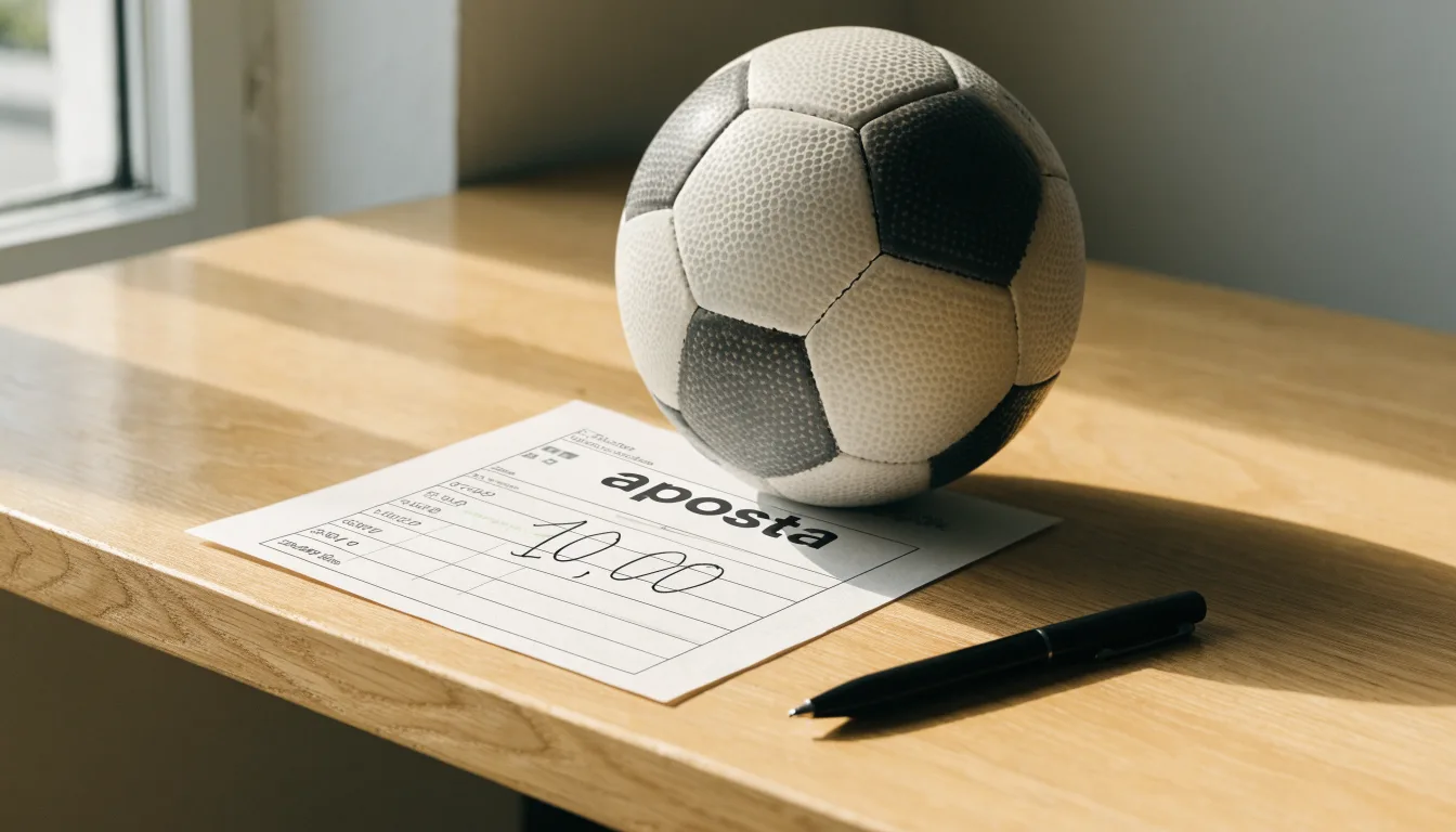 Uma bola de futebol pousada sobre um talão de apostas em branco numa mesa de madeira, à luz do dia