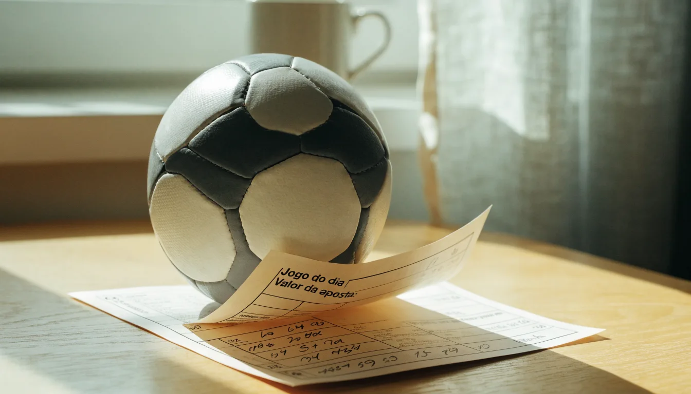 Uma bola de futebol pousada sobre um talão de apostas em branco numa mesa de madeira, à luz do dia