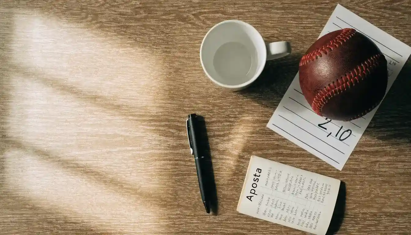 Uma bola de futebol pousada sobre um talão de apostas em branco numa mesa de madeira, à luz do dia