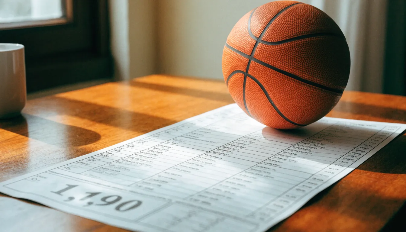 Uma bola de futebol pousada sobre um talão de apostas em branco numa mesa de madeira, à luz do dia