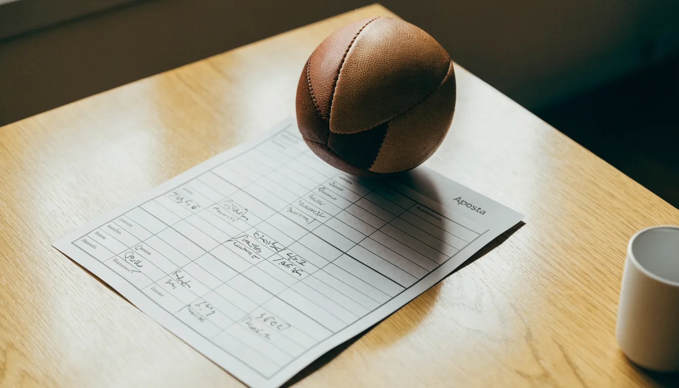 Uma bola de futebol pousada sobre um talão de apostas em branco numa mesa de madeira, à luz do dia