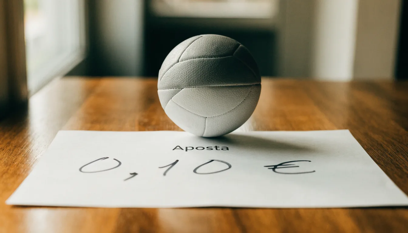 Uma bola de futebol pousada sobre um talão de apostas em branco numa mesa de madeira, à luz do dia