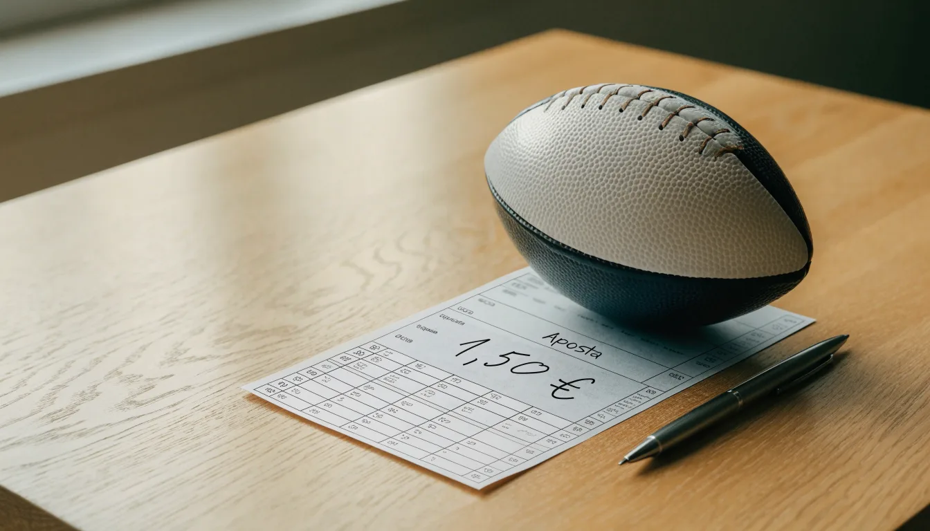 Uma bola de futebol pousada sobre um talão de apostas em branco numa mesa de madeira, à luz do dia