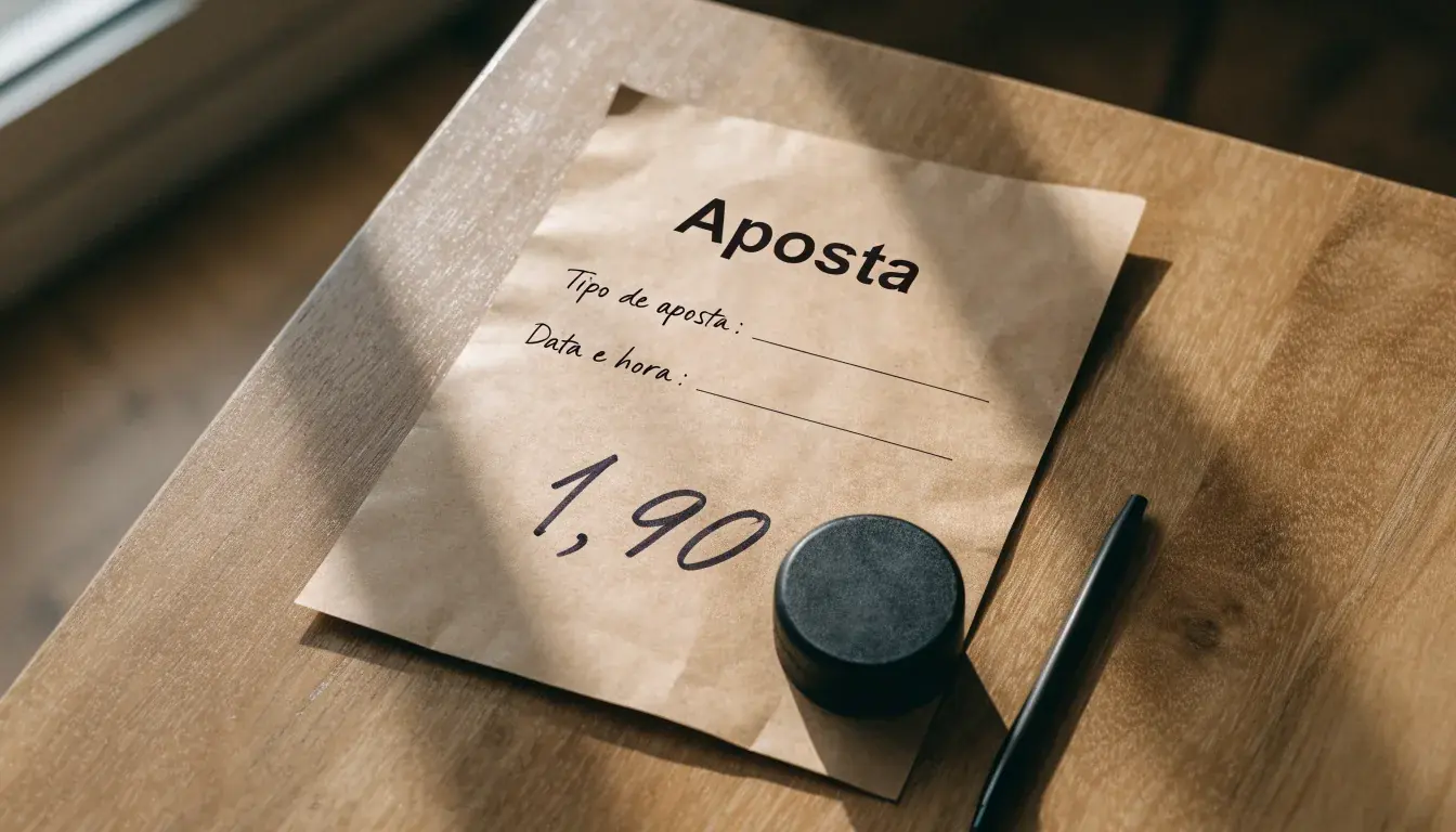 Uma bola de futebol pousada sobre um talão de apostas em branco numa mesa de madeira, à luz do dia
