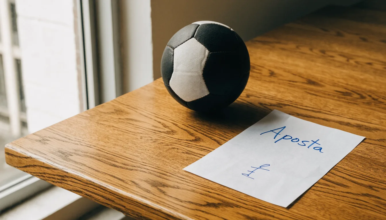 Uma bola de futebol pousada sobre um talão de apostas em branco numa mesa de madeira, à luz do dia