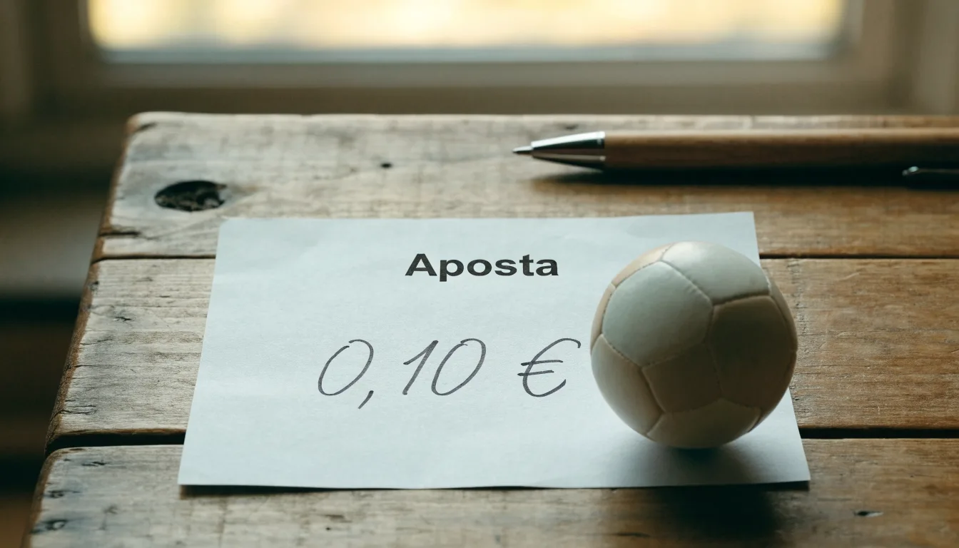 Uma bola de futebol pousada sobre um talão de apostas em branco numa mesa de madeira, à luz do dia