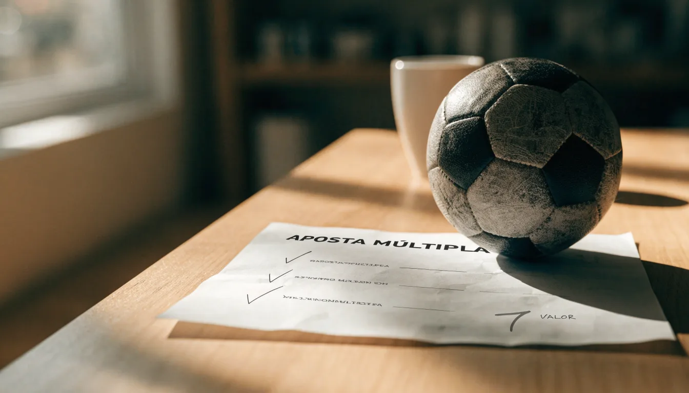 Uma bola de futebol pousada sobre um talão de apostas em branco numa mesa de madeira, à luz do dia
