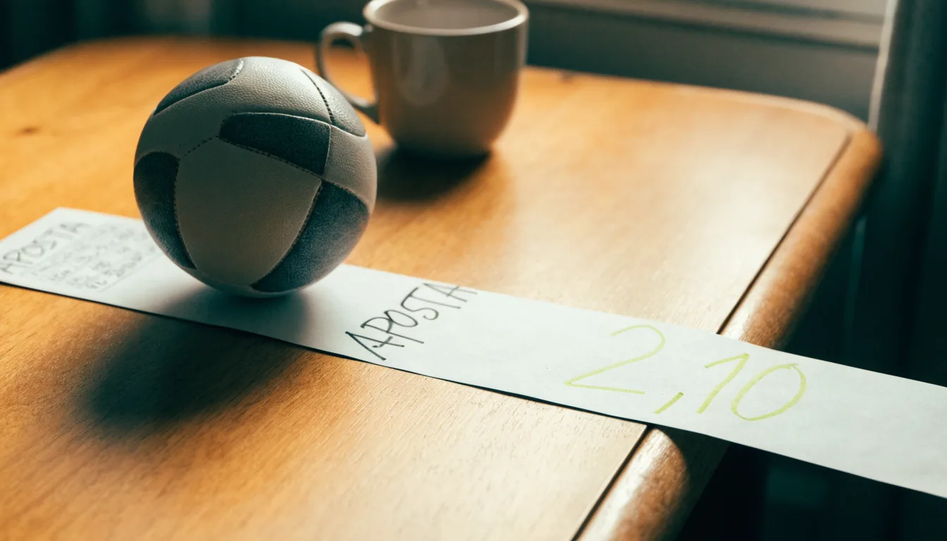 Uma bola de futebol pousada sobre um talão de apostas em branco numa mesa de madeira, à luz do dia