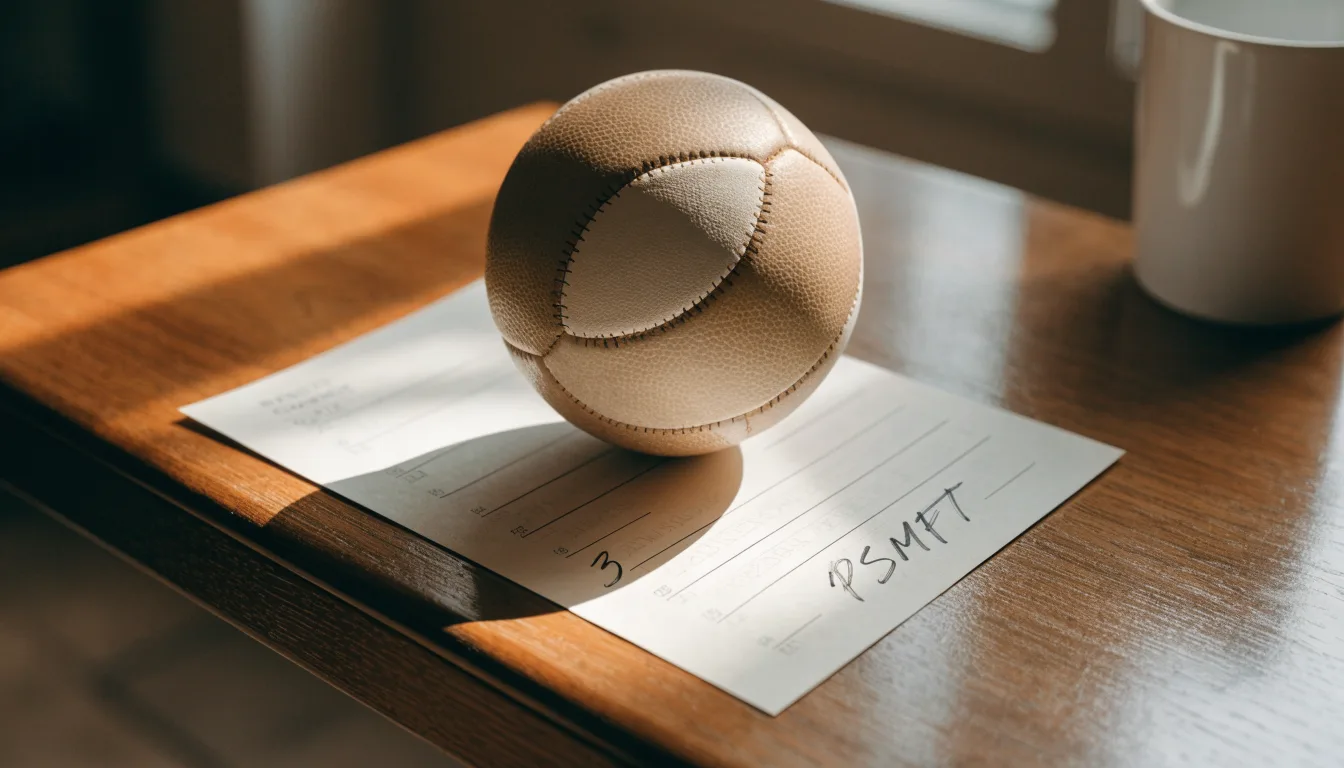 Uma bola de futebol pousada sobre um talão de apostas em branco numa mesa de madeira, à luz do dia