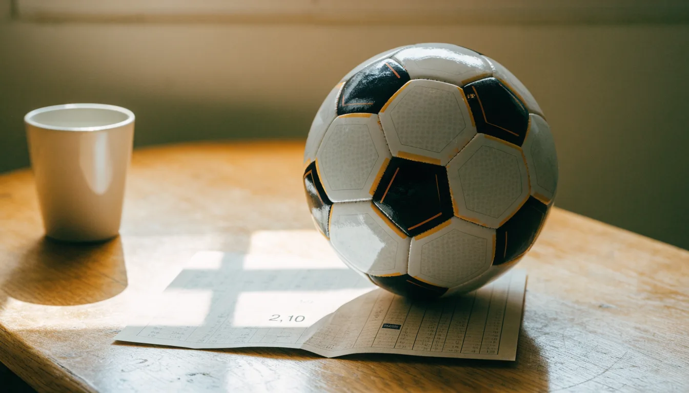Uma bola de futebol pousada sobre um talão de apostas em branco numa mesa de madeira, à luz do dia