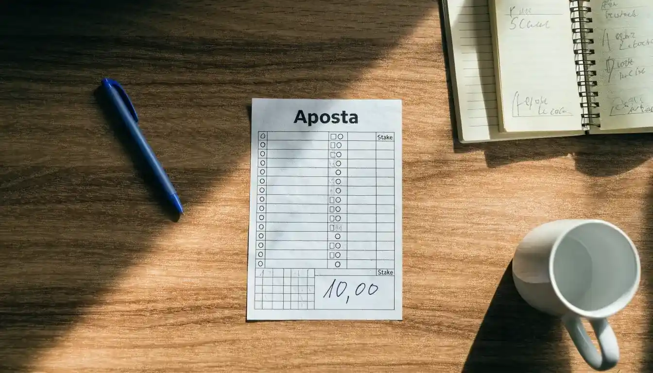 Uma bola de futebol pousada sobre um talão de apostas em branco numa mesa de madeira, à luz do dia