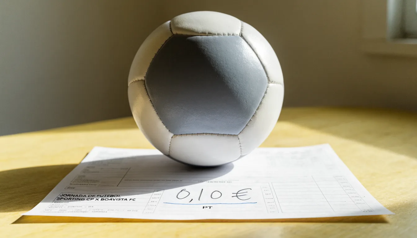 Uma bola de futebol pousada sobre um talão de apostas em branco numa mesa de madeira, à luz do dia