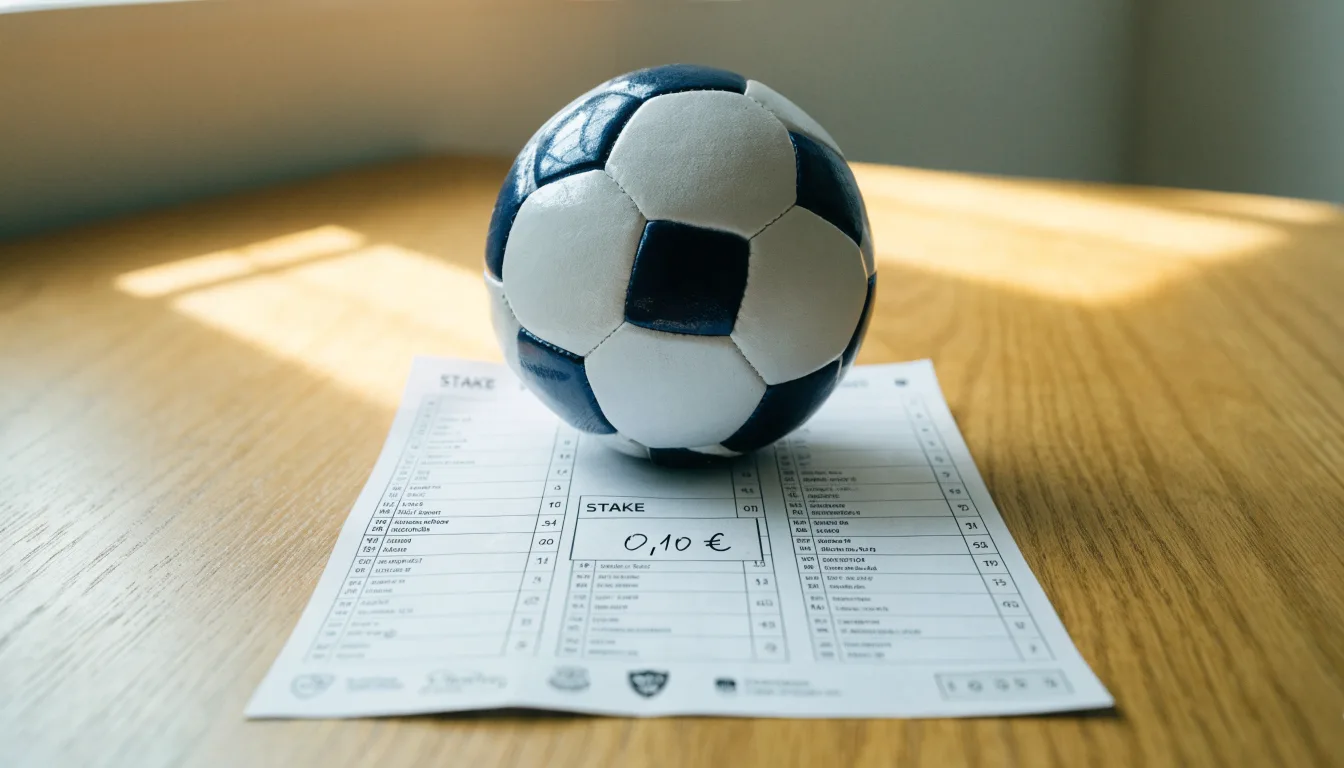 Uma bola de futebol pousada sobre um talão de apostas em branco numa mesa de madeira, à luz do dia