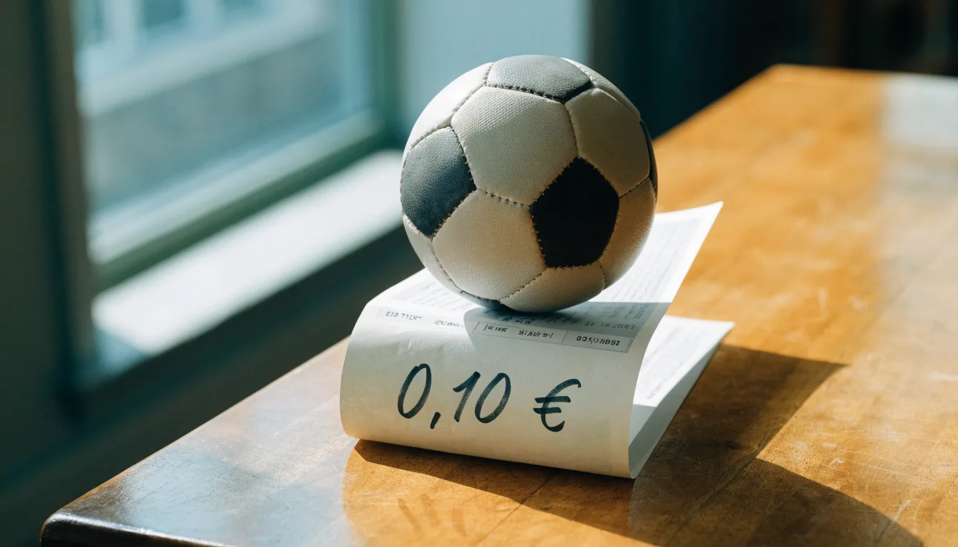 Uma bola de futebol pousada sobre um talão de apostas em branco numa mesa de madeira, à luz do dia