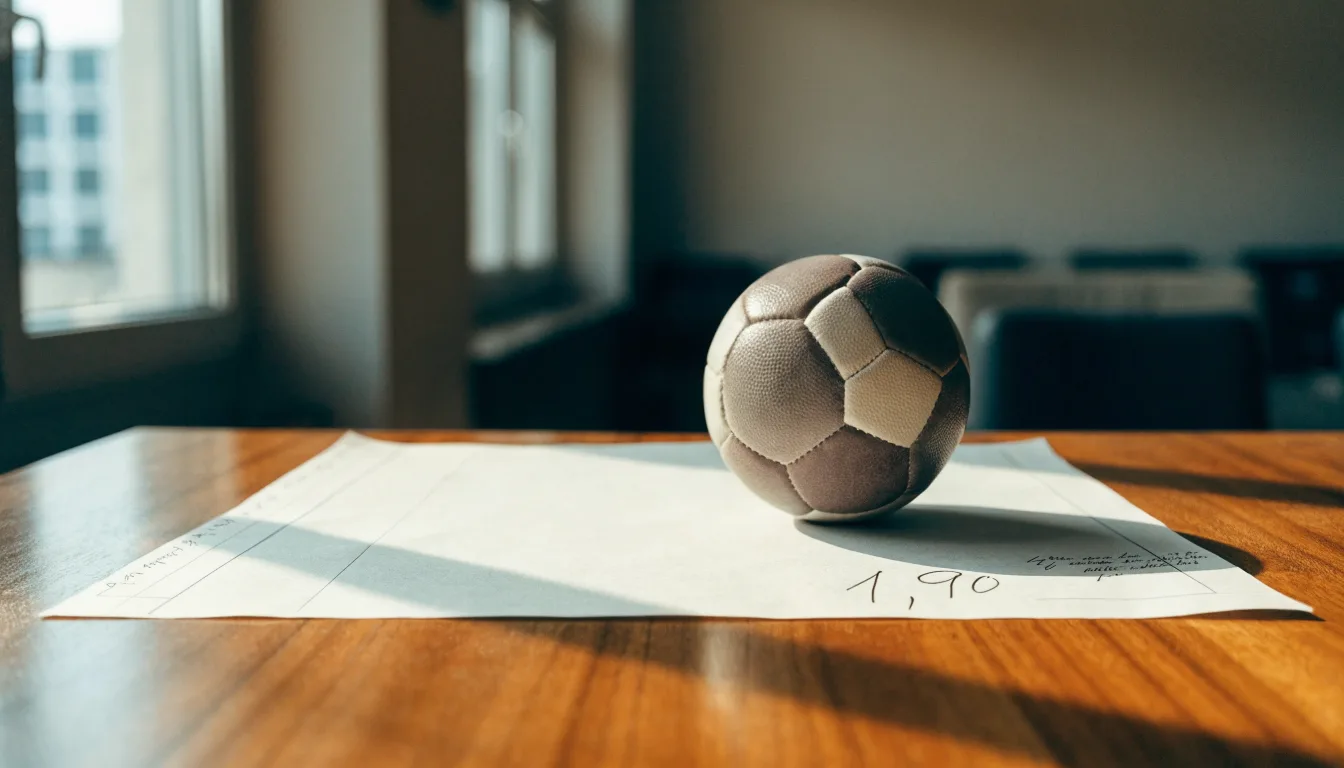 Uma bola de futebol pousada sobre um talão de apostas em branco numa mesa de madeira, à luz do dia