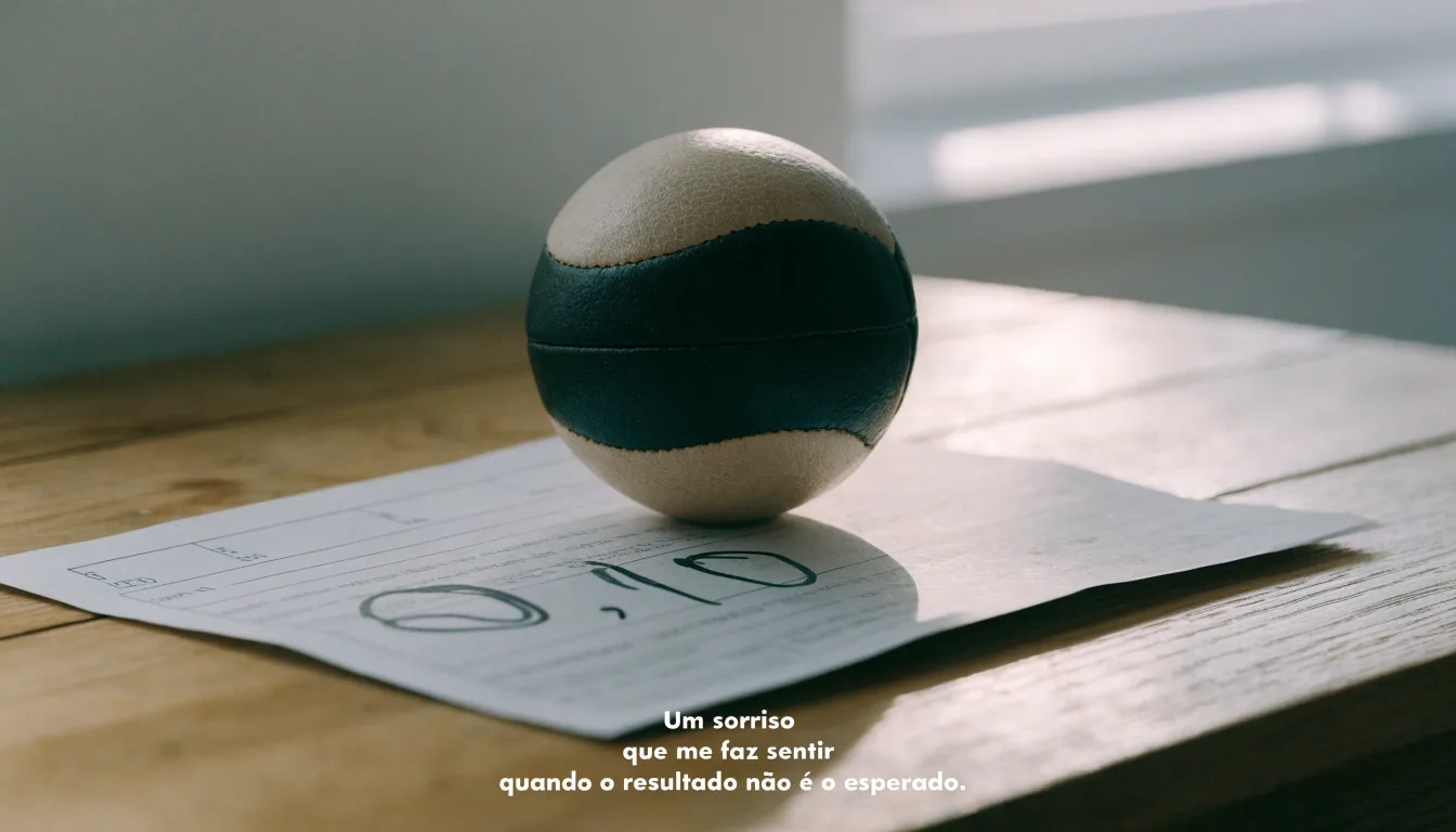 Uma bola de futebol pousada sobre um talão de apostas em branco numa mesa de madeira, à luz do dia