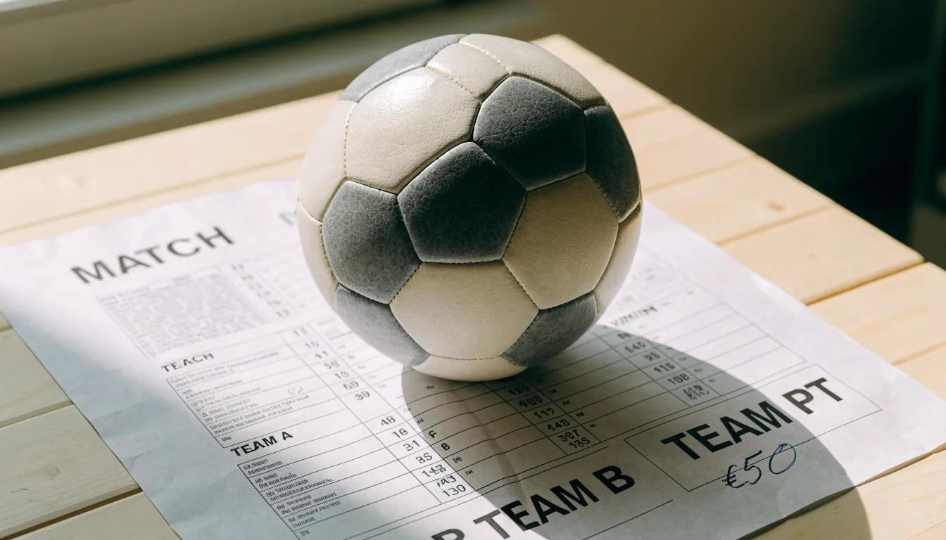 Uma bola de futebol pousada sobre um talão de apostas em branco numa mesa de madeira, à luz do dia