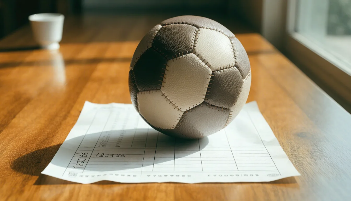 Uma bola de futebol pousada sobre um talão de apostas em branco numa mesa de madeira, à luz do dia