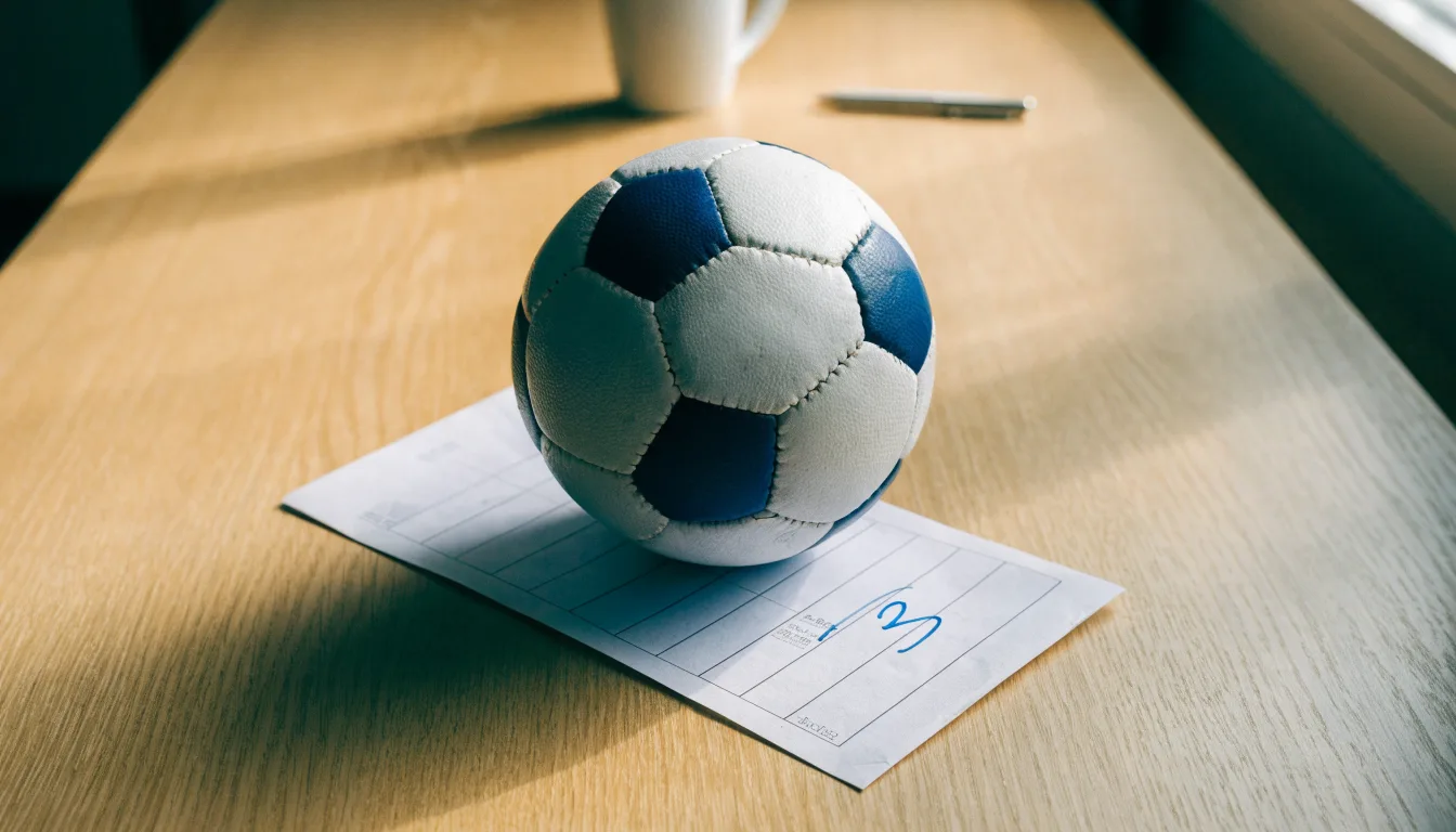 Uma bola de futebol pousada sobre um talão de apostas em branco numa mesa de madeira, à luz do dia
