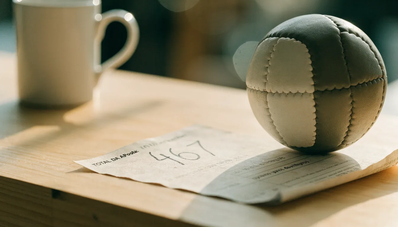 Uma bola de futebol pousada sobre um talão de apostas em branco numa mesa de madeira, à luz do dia
