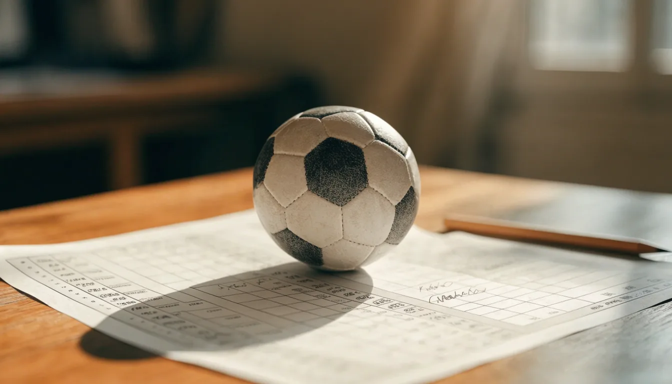 Uma bola de futebol pousada sobre um talão de apostas em branco numa mesa de madeira, à luz do dia