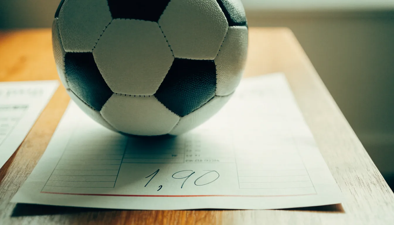 Uma bola de futebol pousada sobre um talão de apostas em branco numa mesa de madeira, à luz do dia