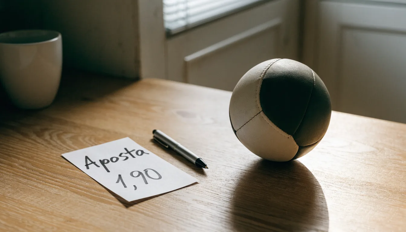 Uma bola de futebol pousada sobre um talão de apostas em branco numa mesa de madeira, à luz do dia