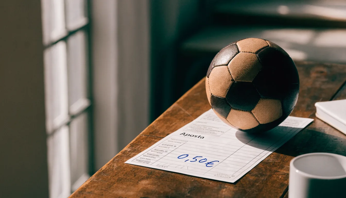 Uma bola de futebol pousada sobre um talão de apostas em branco numa mesa de madeira, à luz do dia