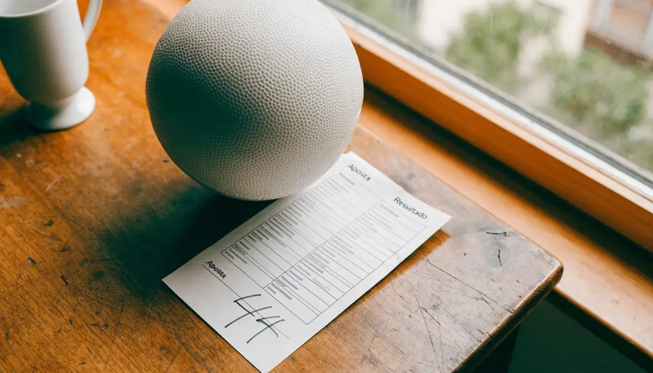 Uma bola de futebol pousada sobre um talão de apostas em branco numa mesa de madeira, à luz do dia